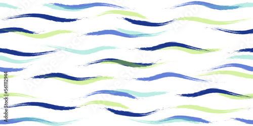Seamless Wave Pattern, Hand drawn cute water vector background. Watercolor sea brush smears, baby paint lines design