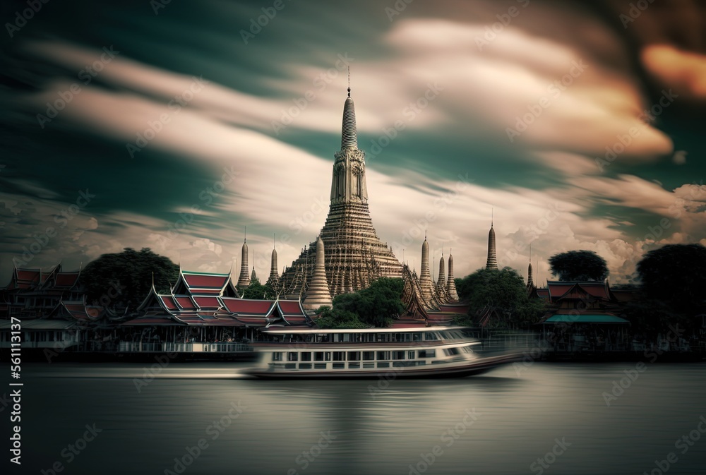 illustration of ancient historical Buddhist temple inspired from Wat Arun , Thailand