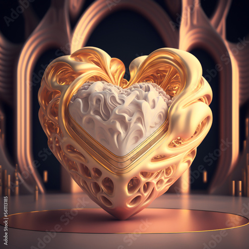 Generative AI illustration.  Biomorphic, stylised human heart in golden and white