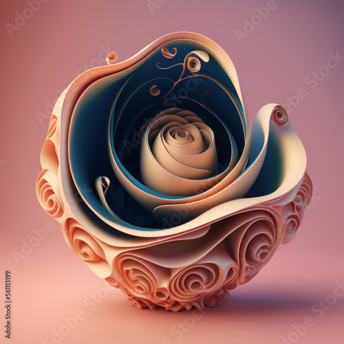 Full Bloom Biomorphic Rose in Beige and Blue. AI Generative