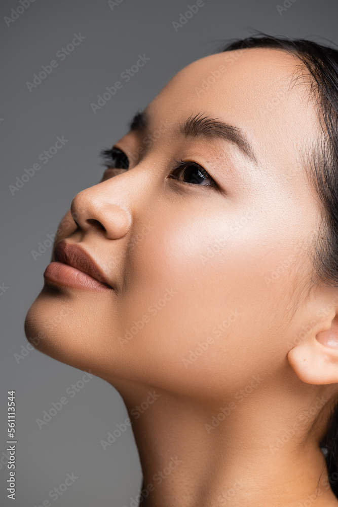 portrait of pretty asian woman with perfect skin and natural makeup isolated on grey. portrait of pretty asian woman with perfect skin and natural makeup isolated on grey.