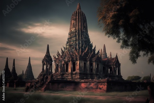 illustration of ancient historical Buddhist temple inspired from Ayutthaya Historical Park