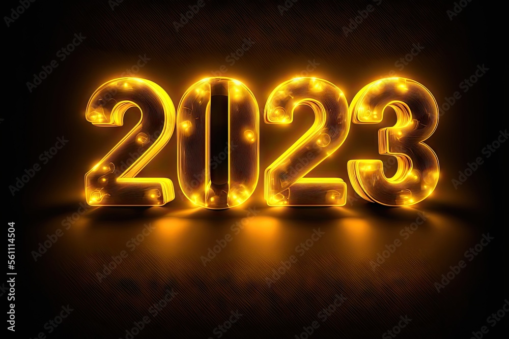 New Year 2023 celebration font. Yellow electric style. Generative AI New Year 2023 celebration font. Yellow electric style. Generative AI