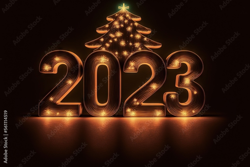 New Year 2023 celebration font. Yellow electric style. Generative AI New Year 2023 celebration font. Yellow electric style. Generative AI
