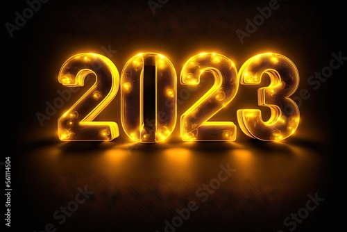 New Year 2023 celebration font. Yellow electric style. Generative AI