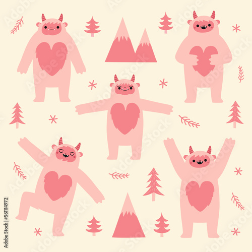 Vector illustration set with pink Yeti with fluffy bellies in shape of heart. Cute romantic sticker or greeting card collection. Magic animals, mountains, pine trees