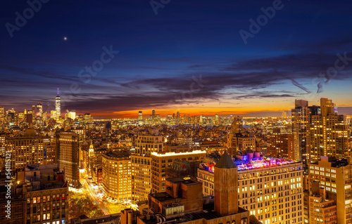 Photography High angle view of lower Manhattan Flatiron district at sunset