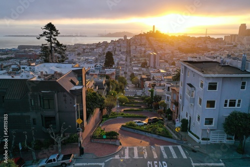 Lombard Street at sunrise in San Francisco, CA