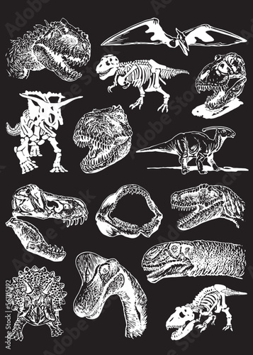 Graphical big set of dinosaurs isolated on black background, vector illustration.