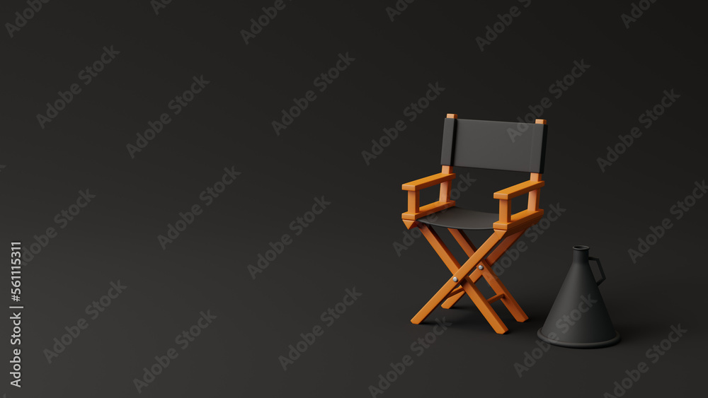 Director chair and megaphone on black background. Movie industry concept. Cinema production design concept. 3d rendering illustration