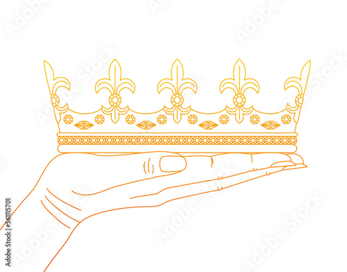 Hand holding a golden crown. Concept of an award ceremony or coronation. Template for logo design, icon, postcard, badge, print. Simple vector illustration of linear style