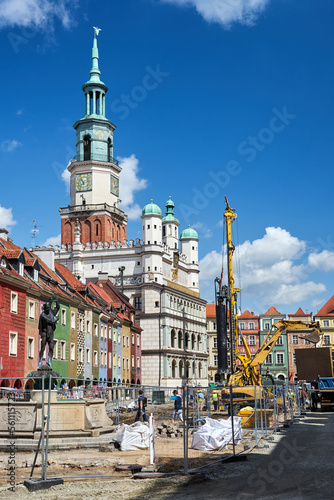 Renovation of the Old Market Square with monumental town hall and historic tenement houses in Poznan