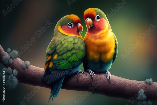  two colorful birds sitting on a branch together, with a blurry background behind them, with a green background and a yellow and orange bird with a red beak, and a green,. © Anna