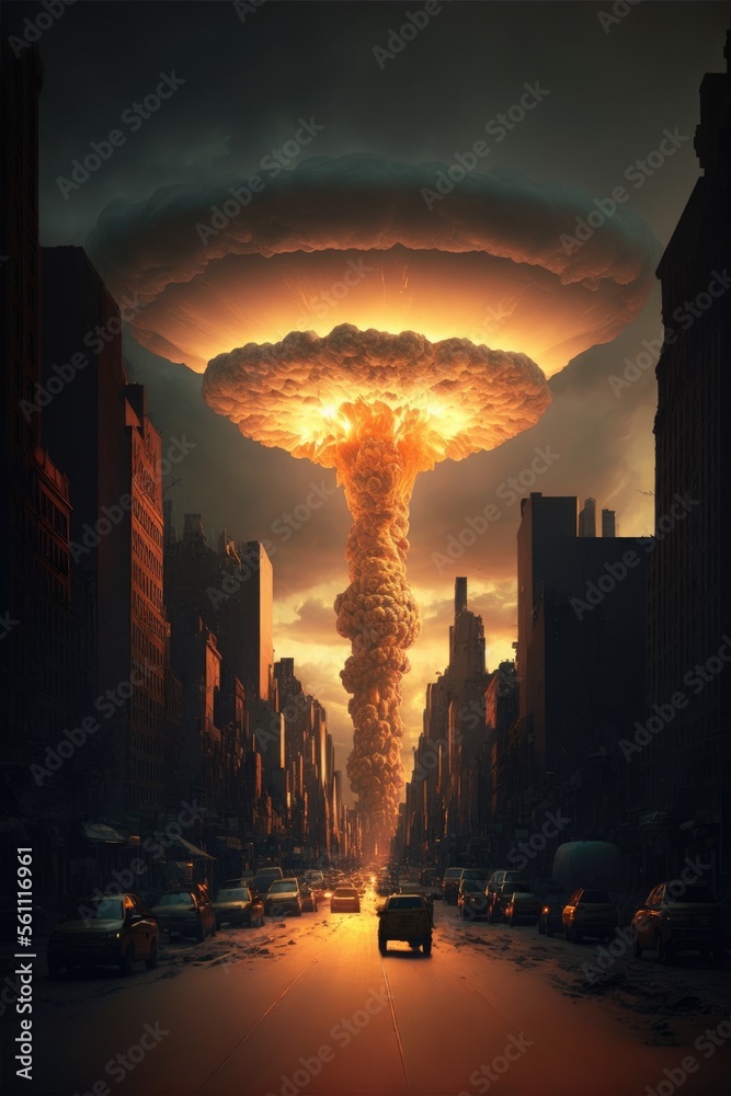Atomic Nuclear explosion in the middle of a city. Los Angeles, New York, Savannah, Nevada. Photo illustration made with Generative AI
