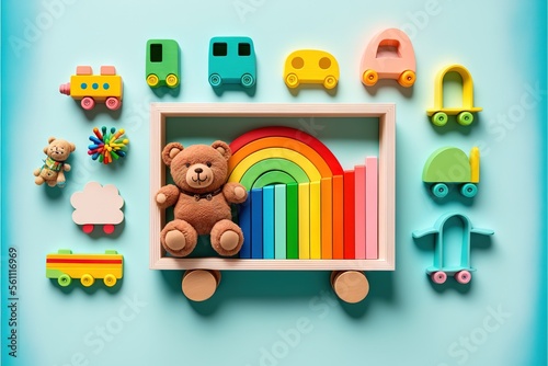 a teddy bear sitting on a toy shelf with toys around it on a blue background with a rainbow and train theme on the wall behind it, and a rainbow and a toy train and.
