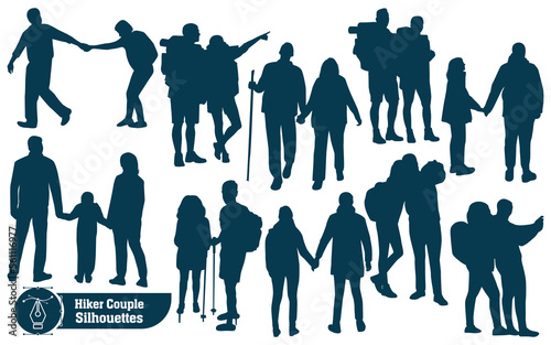 Vector collection of Couple hikers in mountains silhouettes in different poses