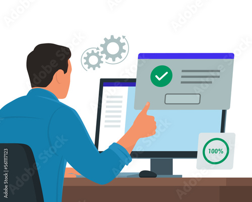 Man working with computer and receiving a system notification