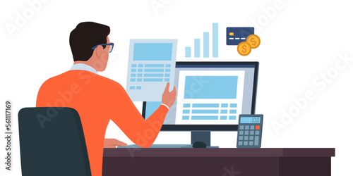Business executive checking digital paperwork on his computer