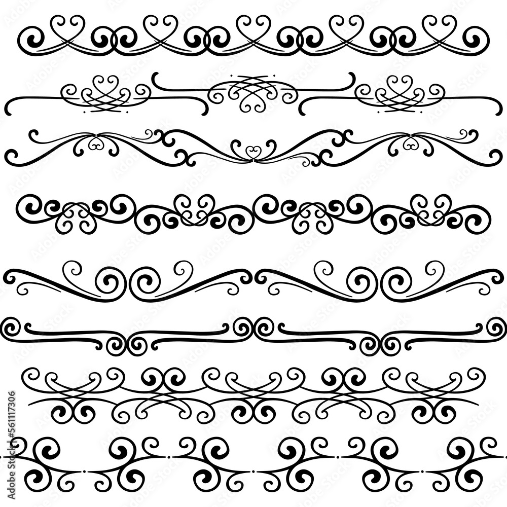 Hand drawn horizontal curly ornamental dividers. Calligraphy card poster wedding engagement menu divider ornamental decorative elements. Isolated graphic vector object set.