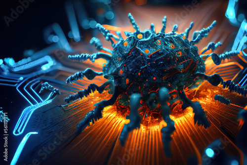 Incredibly detailed macro close-up of a Computer Virus. Abstract electronic circuit board. Generative AI.