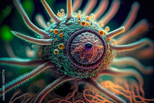 Incredibly detailed macro close-up of a virus or bacteria visualization. Generative AI.