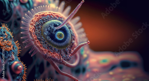 Incredibly detailed macro close-up of a virus or bacteria visualization. Generative AI.