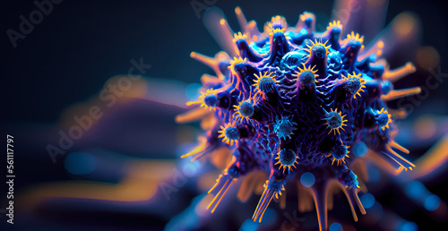 Incredibly detailed macro close-up of a virus or bacteria visualization. Generative AI.