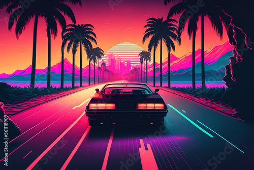 a car driving down a road surrounded by palm trees, retrofuturism, retrowave, synthwave, art  © vvalentine