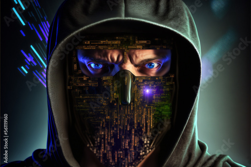 Close up of a hacker head with hoody, face covered with a mask of digital data, no face, World digital crime problem concept, illustration created with Generative AI technology © Zoran Karapancev