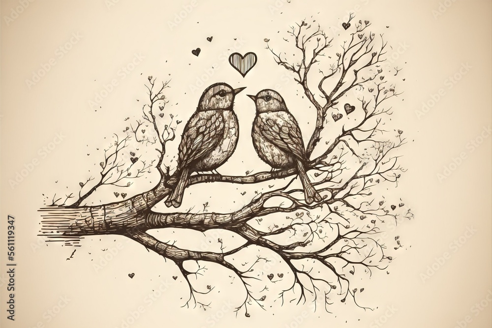 two birds sitting on a branch with a heart in the background of the ...