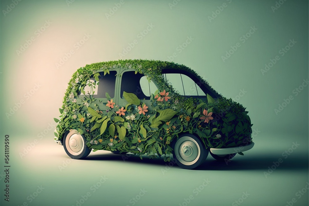 a car covered in plants and flowers on a green background with a clock ...