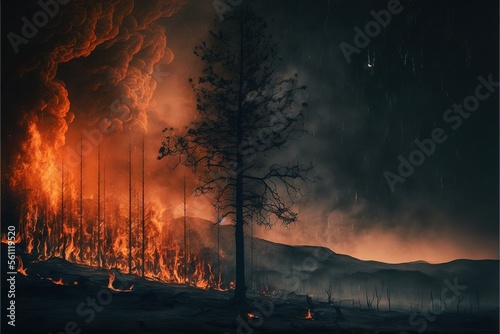  a forest fire burning in the night with a lot of smoke and flames coming out of the trees and the ground and the sky is dark and the ground is covered with dark, and the.