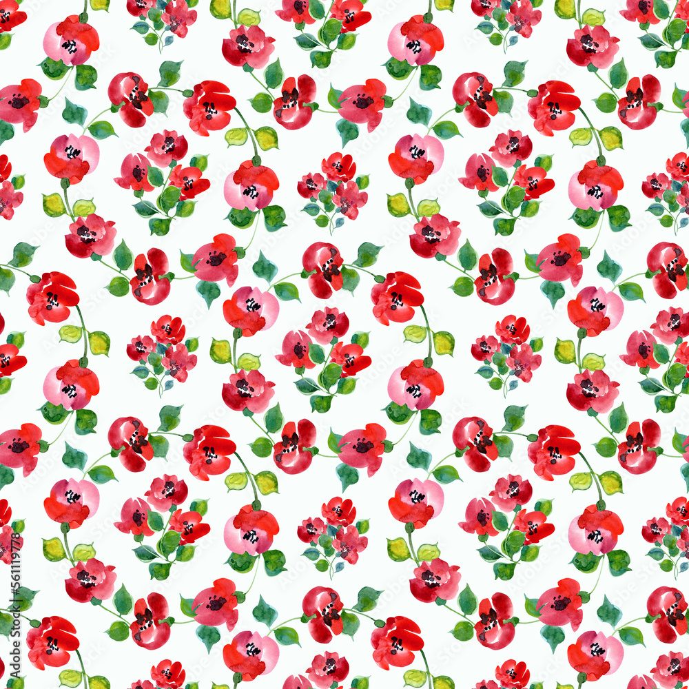 Seamless pattern with red flowers and juicy greens. The watercolor illustration is made by hand. Seamless pattern with red flowers and juicy greens. The watercolor illustration is made by hand.
