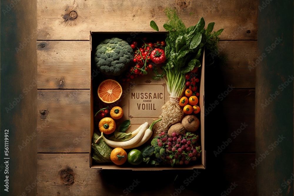  a box of assorted fruits and vegetables on a wooden table with a sign that says muscai volli on it and a wooden background with a wooden plank wall and a wooden floor.