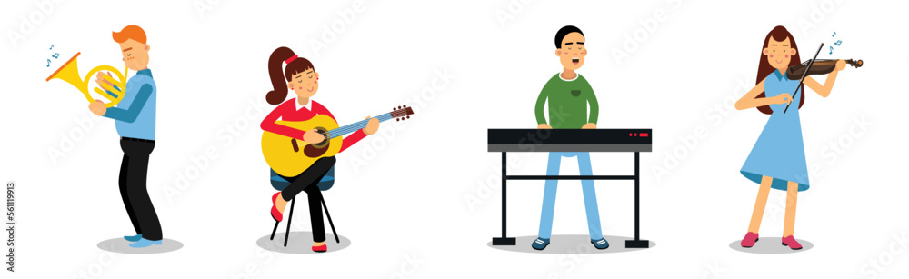 Man and Woman Artists Playing Musical Instruments on Stage Vector Set Man and Woman Artists Playing Musical Instruments on Stage Vector Set