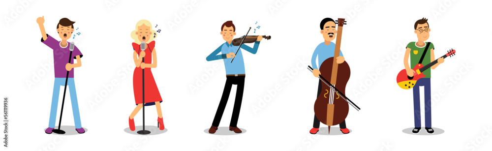 Man and Woman Artists Playing Musical Instruments on Stage Vector Set Man and Woman Artists Playing Musical Instruments on Stage Vector Set