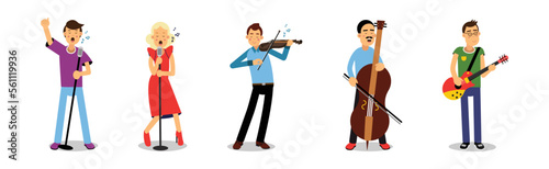 Man and Woman Artists Playing Musical Instruments on Stage Vector Set