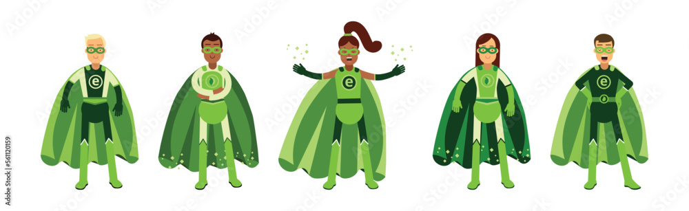 ECO Man and Woman Superhero Characters in Green Costume with Cape