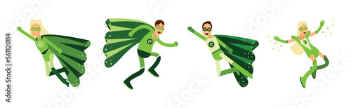 ECO Man and Woman Superhero Characters in Green Costume with Cape Vector Set