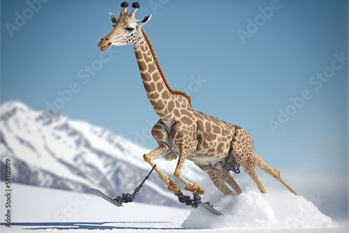 Foto a giraffe is running through the snow on skis in the wild, with mountains in the background, and a blue sky with no clouds in the foreground, and a few
