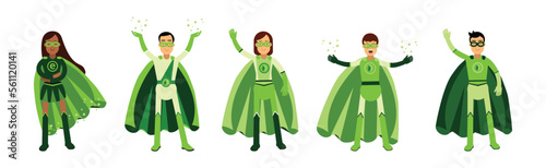 ECO Man and Woman Superhero Characters in Green Costume with Cape Vector Set