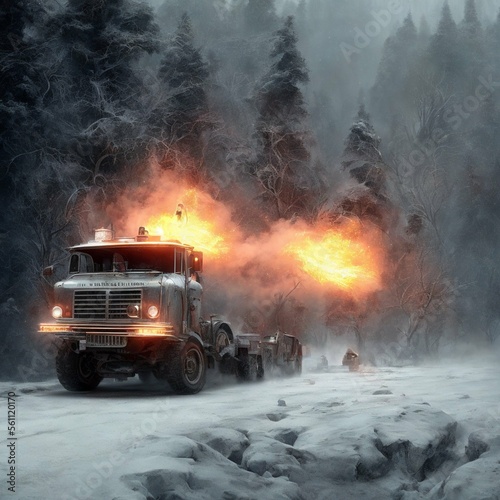 fire truck, in a snowy road, in a hurry to help, fantasy, ai