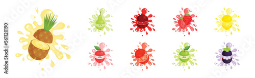 Fresh and Juicy Fruit Cut on Half with Splashes Vector Set