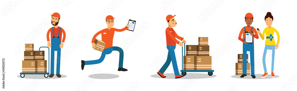 Delivery Man or Carrier in Red Cap Carrying Cardboard Box Vector Set Delivery Man or Carrier in Red Cap Carrying Cardboard Box Vector Set