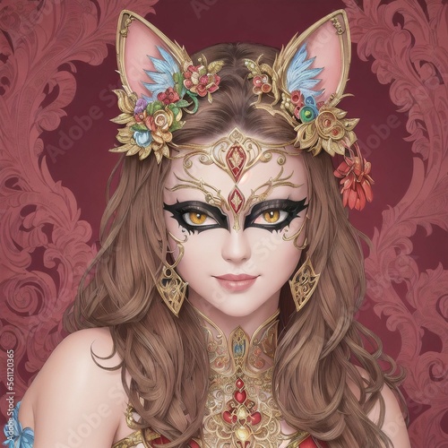 drawing of a girl in a carnival mask of a cat  fantasy  ai