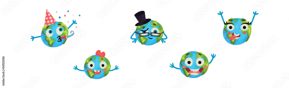 Funny Planet Earth with Face Expression and Arms Vector Set