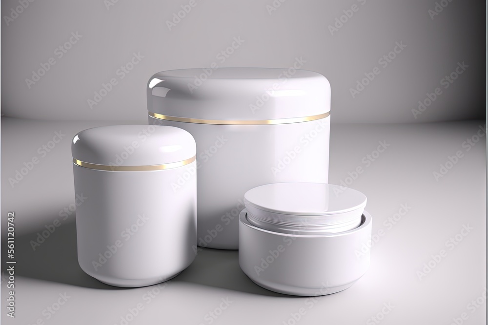  a white container with gold trim and two jars with lids on a gray background with a shadow from the bottom of the jar and the lid down, and the top of the jar is.