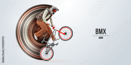 Realistic silhouette of a bmx rider, man is doing a trick, isolated on white background. Cycling sport transport. Vector illustration