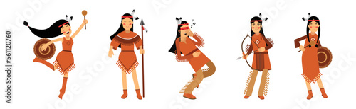 Red Indian or American Indians Man and Woman in National Clothing Vector Illustration Set