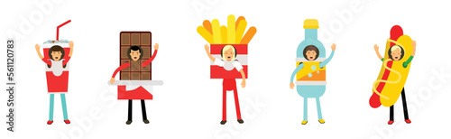 People Wearing Fast Food Snacks Costumes Disguised as Cafe Menu Items Vector Set